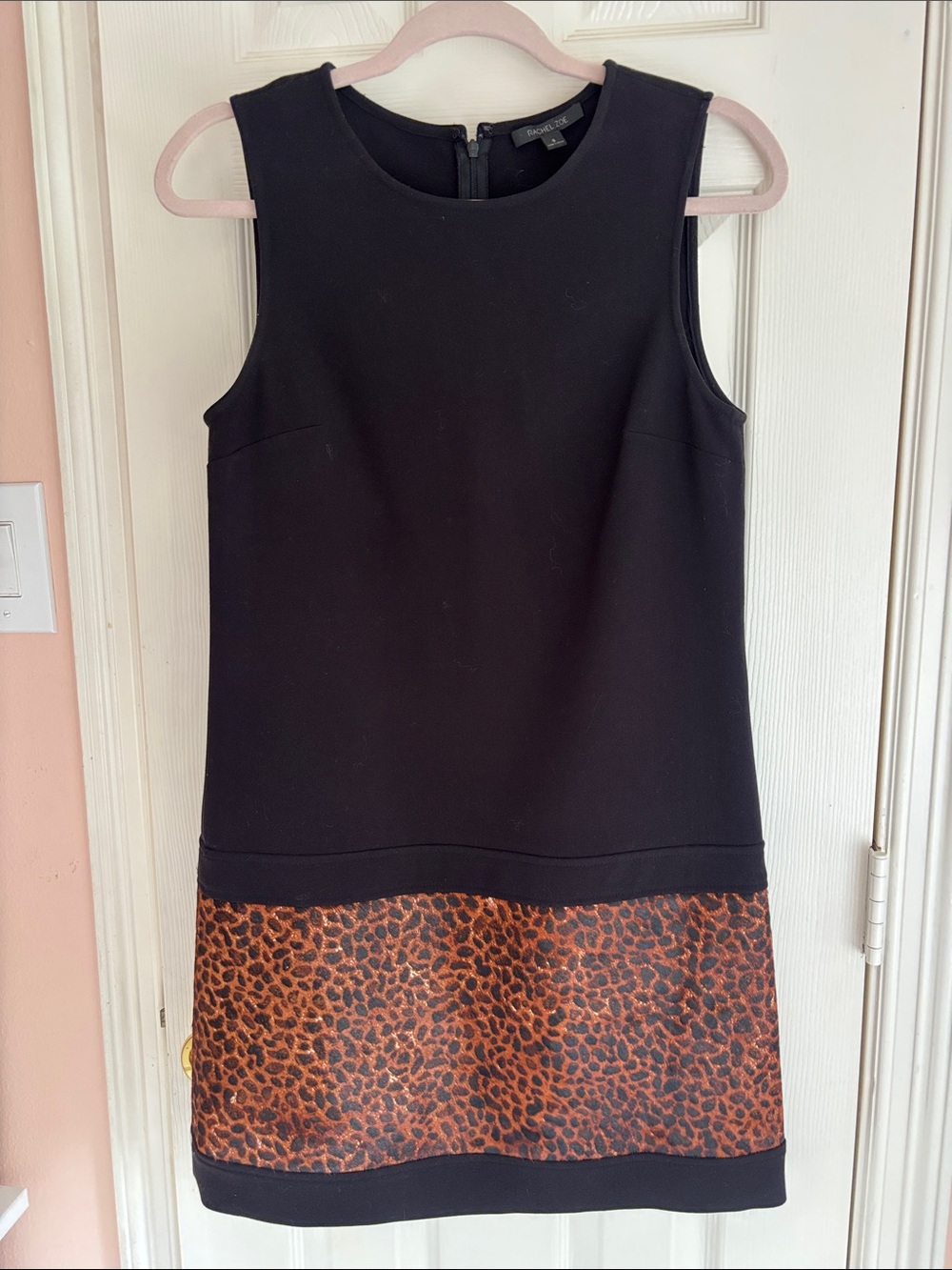 Rachel Zoe Black Shift Dress with Leopard Hem Size Small